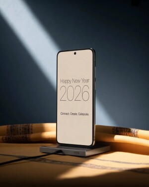 Smartphone displaying Happy New Year 2026 message on a charging stand