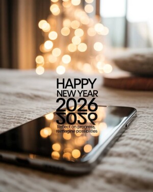 A smartphone resting on a textured surface with a blurry bokeh background of warm lights and the text Happy New Year 2026 overlaid.