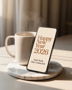 Smartphone displaying Happy New Year 2026 text next to a steaming cup of coffee on a marble coaster