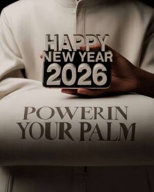 Person holding a sign saying Happy New Year 2026 above the text Power in Your Palm