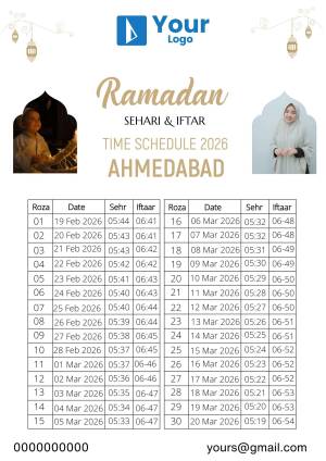 Ramadan calendar with prayer times for Ahmedabad in 2025 featuring people praying.