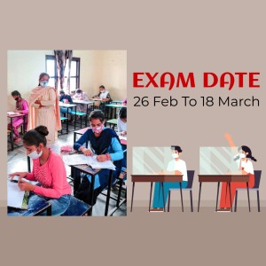 Students taking an exam with COVID-19 safety measures, with exam date announcement.
