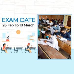 Image depicting students taking an exam with text announcing exam dates.