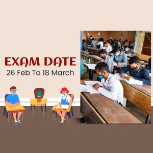 Image depicting students taking an exam with dates displayed