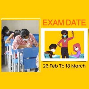 Image depicting students taking an exam with dates displayed