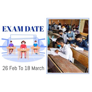 Students taking an exam with exam date announcement