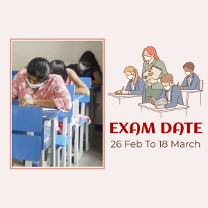 Students taking an exam with safety measures, exam date announcement.