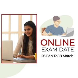 Illustration of students taking an online exam with text announcing exam dates.
