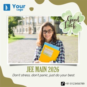 A student holding books with a four-leaf clover and a motivational message for JEE Main 2023.