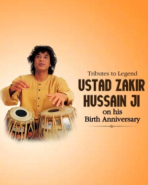 Portrait of Ustad Zakir Hussain with his tabla, wishing him a happy birthday.