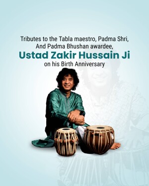 Portrait of Ustad Zakir Hussain with his tabla instruments