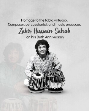 Portrait of Zakir Hussain with his tabla drums