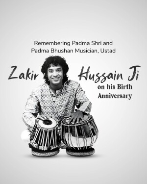 Black and white portrait of Zakir Hussain with his tabla