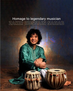 Portrait of Zakir Hussain, a legendary tabla musician
