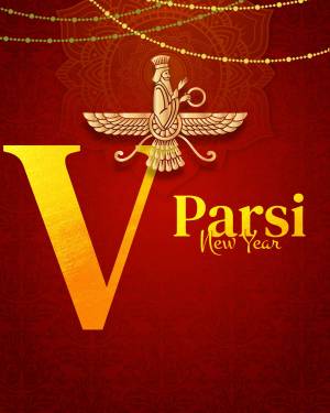 Image of Faravahar symbol with the letter 'V' and 'Parsi New Year' text.