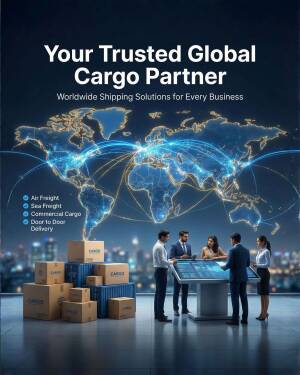 Business professionals collaborating on global logistics and cargo shipping solutions in front of a digital world map