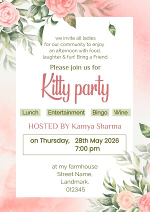 Floral themed digital invitation card for a ladies Kitty party hosted by Kamya Sharma