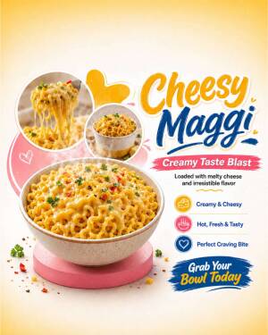 A bowl of delicious creamy Cheesy Maggi noodles on a pink stand, with smaller dish images above against a light background.