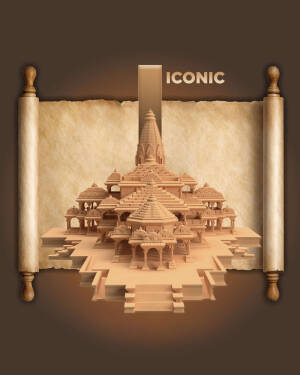 3D rendering of the Ram Mandir in Ayodhya, India, depicted as a papercraft model.