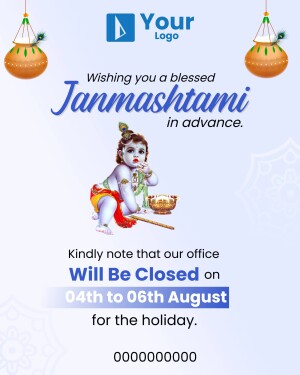 Janmashtami office closed notice from August 4th to 6th featuring baby Krishna