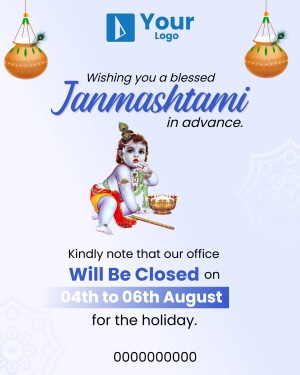 Janmashtami holiday announcement graphic featuring baby Krishna
