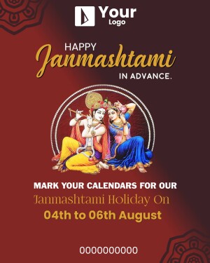 Happy Janmashtami holiday announcement poster with Lord Krishna and Radha illustration