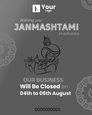 Business closure announcement for Krishna Janmashtami holiday from August 4th to 6th featuring a line art illustration of Lord Krishna.