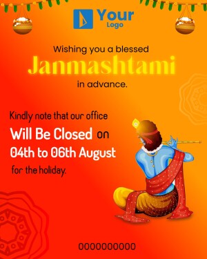 Lord Krishna playing flute with Janmashtami holiday closure notice