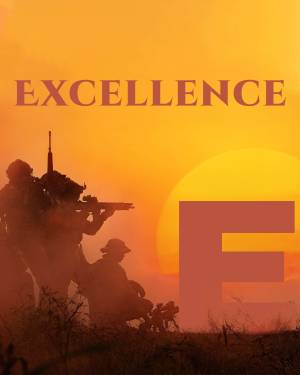Silhouette of soldiers against a vibrant sunset with the letter 'E'