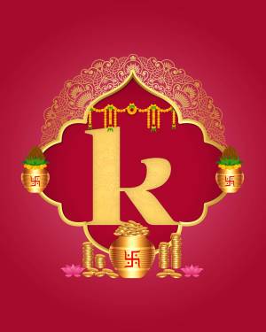 Golden letter K with auspicious Indian symbols and decorations