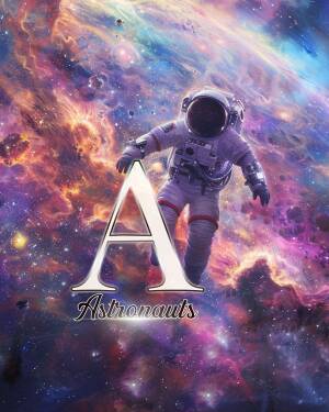 Astronaut floating in a colorful nebula with a large letter A