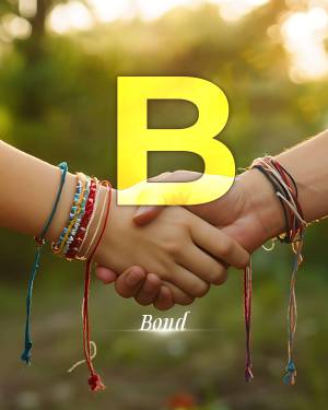 Letter B superimposed on a handshake with friendship bracelets