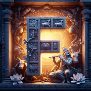 Stone carved letter 'F' with depictions of Krishna and cows in a detailed frame.