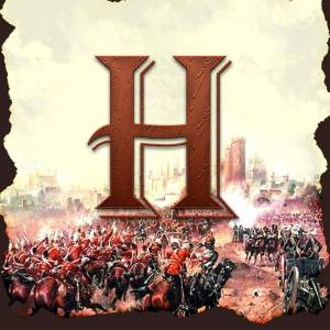 A dramatic image featuring a large letter 'H' superimposed over a historical battle scene.