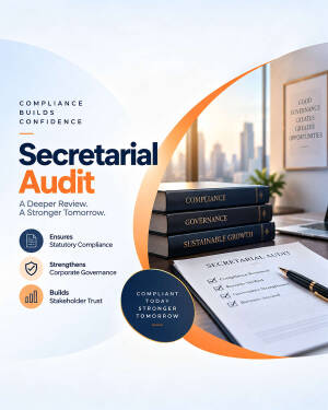 Professional Secretarial Audit document with stacked compliance books in a corporate office setting