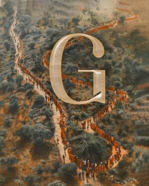 A large wooden letter G superimposed over a long procession of people walking along a winding path.
