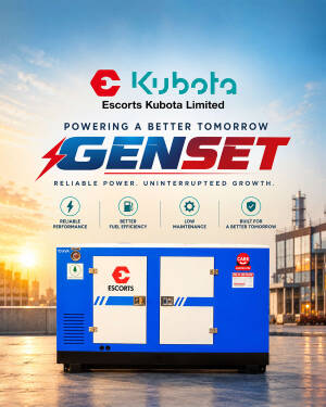 An Escorts Kubota industrial generator set stands outdoors against a sunset backdrop, showcasing its brand branding and key performance benefits.