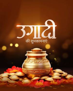 Ugadi festival greeting with golden pot and coins
