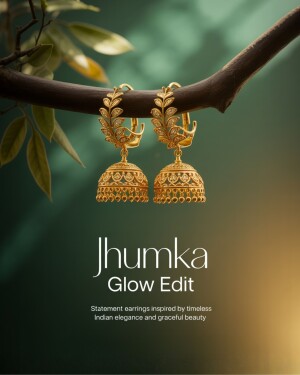 A pair of intricate gold Jhumka earrings hanging from a tree branch against a soft green background.