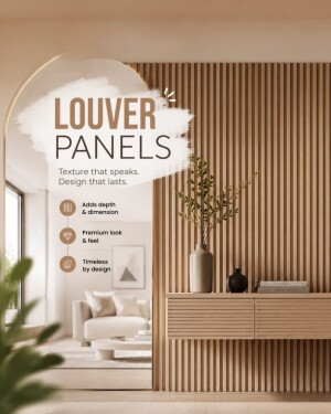 Modern living room interior with stylish vertical louver wall paneling and minimalist furniture