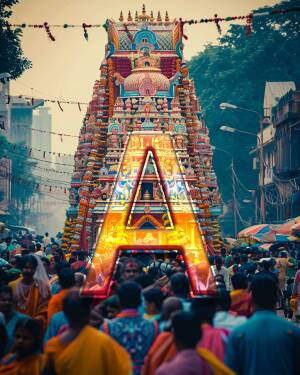 A vibrant and colorful chariot procession during a temple festival in India, surrounded by a large crowd of devotees.