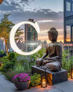 Bronze Buddha statue on a rooftop terrace with a cityscape and a glowing 'Compassion' sign.