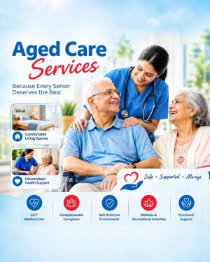 A smiling nurse providing care for an elderly couple in a bright, professional healthcare setting.