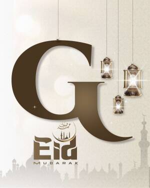 Eid Mubarak greeting with a large letter 'G' and Islamic decorations