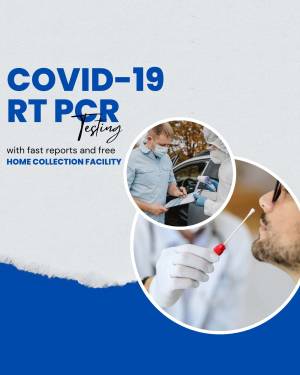 Image depicting COVID-19 RT PCR testing with a healthcare worker taking a swab and information about fast reports and home collection.