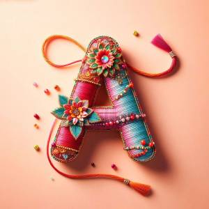 A vibrant letter A decorated with colorful embroidery, beads, and floral patterns.