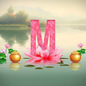 Letter M with lotus flower and water background