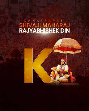 Poster commemorating Chhatrapati Shivaji Maharaj Rajyabhishek Din with a portrait of the king and a golden letter 'K'.