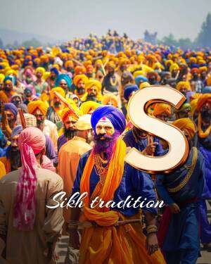 Large gathering of Sikh people in traditional attire with a prominent 'S' symbol.