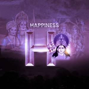 Image depicting the letter 'H' with images of Hindu deities and the word 'Happiness'.